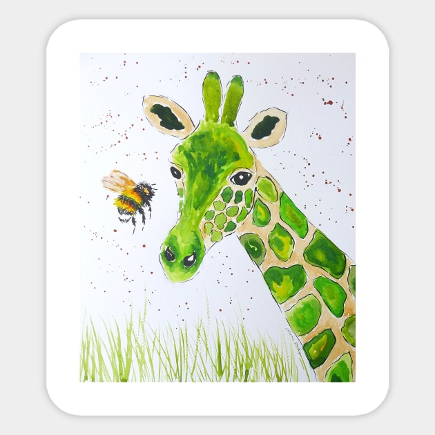 Cute Green Giraffe and a Bumble bee Sticker by Casimirasquirkyart